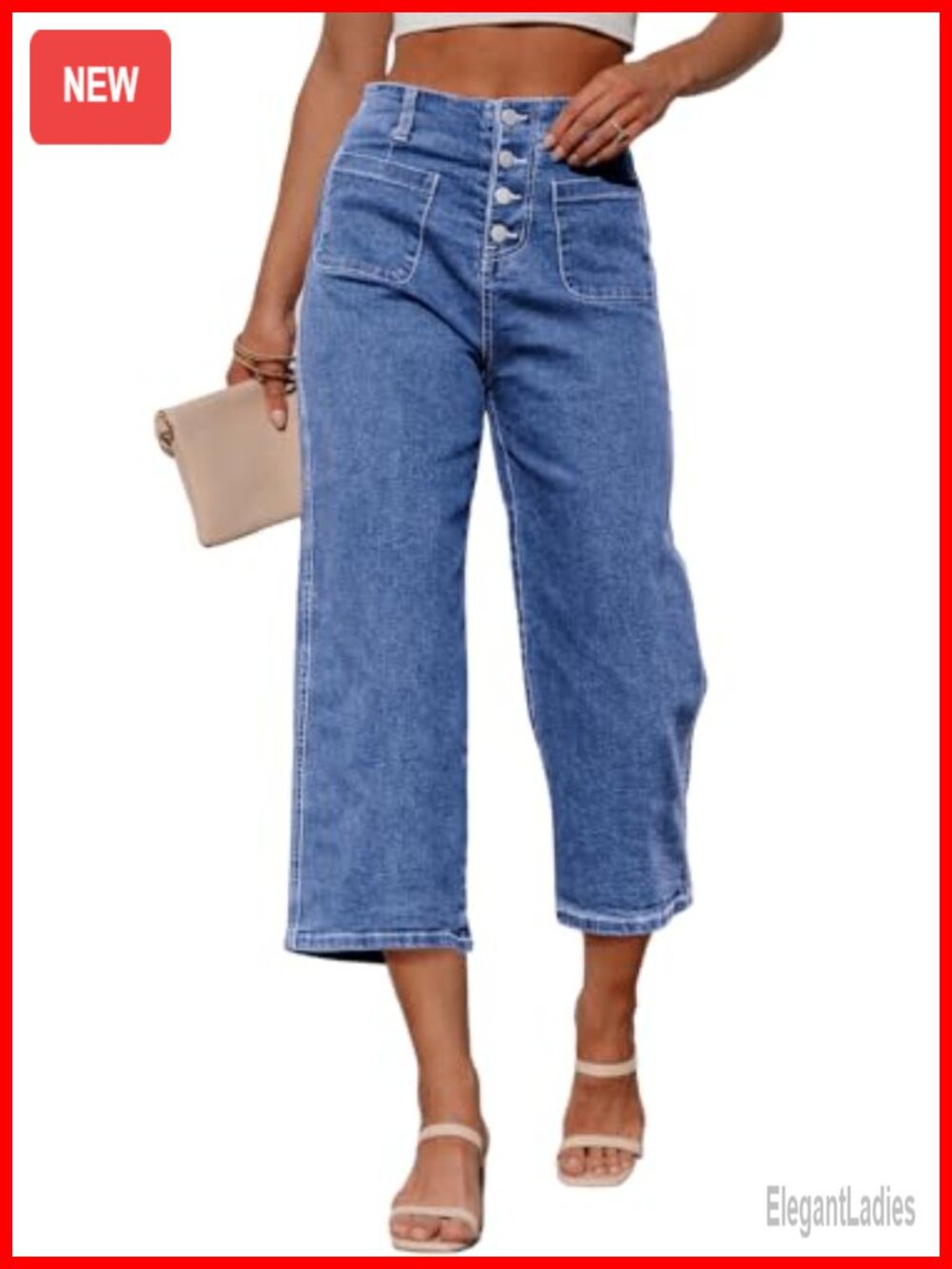 High Waisted Wide Leg Cropped Capri Jeans Stretchy Denim